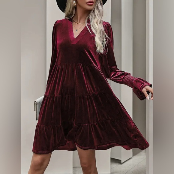 NWT Velvet Tiered Midi Dress, Burgundy, Long Sleeve V-Neck Swing Dress - Picture 2 of 5